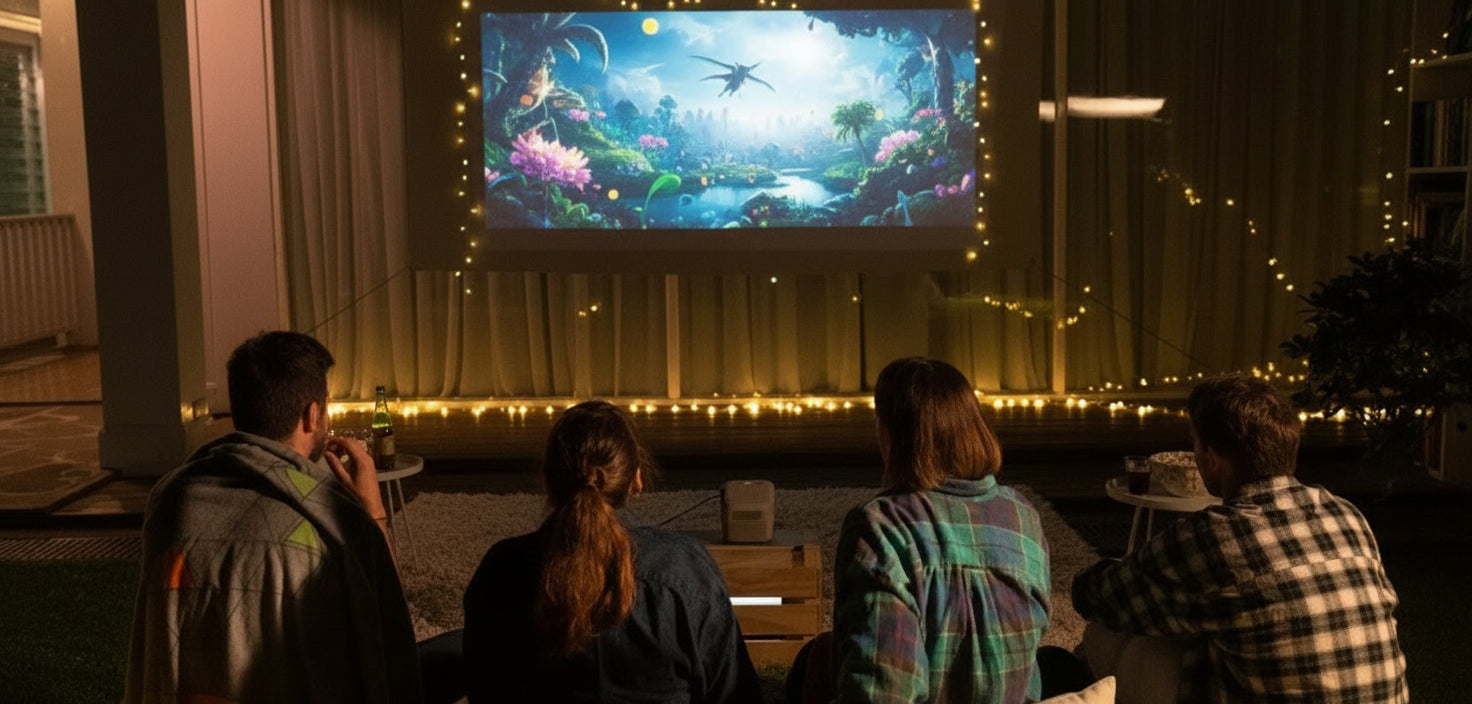 People watching a movie projected onto a screen outdoors at night.