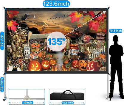 Projector Screen and Stand, 135 Inch Outdoor Movie Screen-Upgraded 3 Layers PVC 16:9 Outdoor Projector Screen,Portable Video Projection Screen with Carrying Bag for Home Theater Backyard