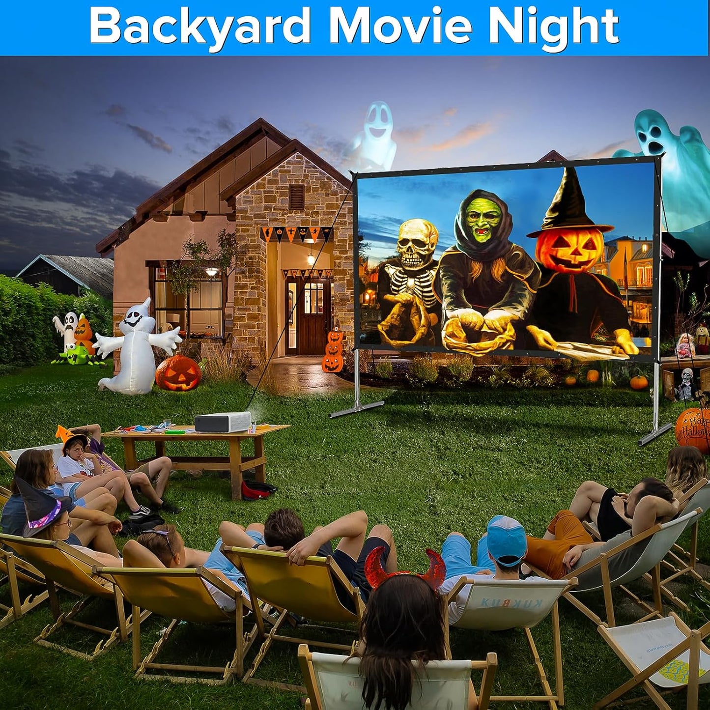 Projector Screen and Stand, 135 Inch Outdoor Movie Screen-Upgraded 3 Layers PVC 16:9 Outdoor Projector Screen,Portable Video Projection Screen with Carrying Bag for Home Theater Backyard